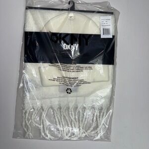 DKNY Beanie and Scarf Set Ivory White Winter Knit Fringe